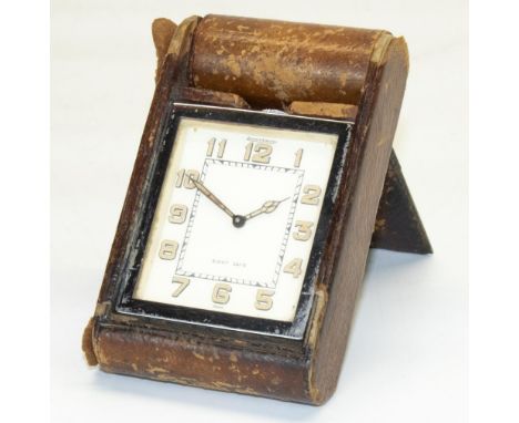 Jaeger-LeCoultre chromed metal travel clock, with signed rectangular cream Arabic dial, eight day movement stamped 029667 PAT