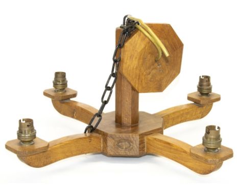 Alan ''Acornman'' Grainger, Acorn Industries of Brandsby - oak four branch hanging light fitting, carved with signature acorn