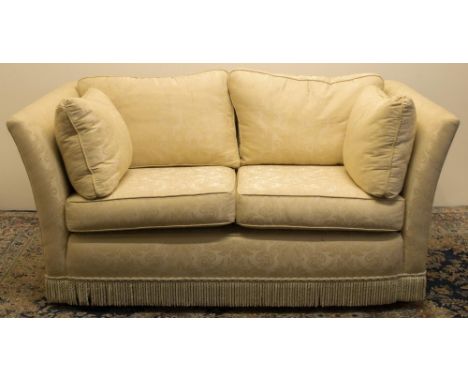 Country House style sofa, with low back and outswept arms, loose back and seat cushions, upholstered in yellow damask, W157cm