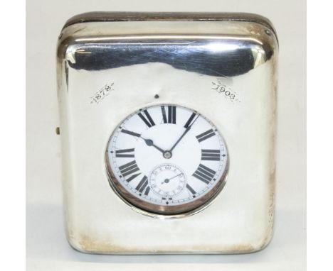 C19th nickel plated open faced top wind Goliath pocket watch, white enamel Roman dial with subsidiary seconds, movement stamp