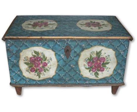 C19th Scandinavian pine rectangular blanket box, painted with floral cartouche on blue scale ground, interior with fitted can