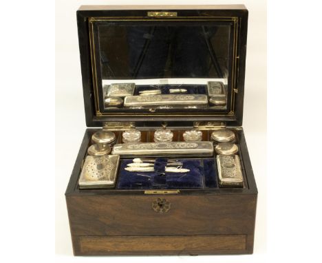 Victorian rosewood dressing case, fitted interior with mirror, lift out tray, seven EPNS topped glass jars and mother of pear