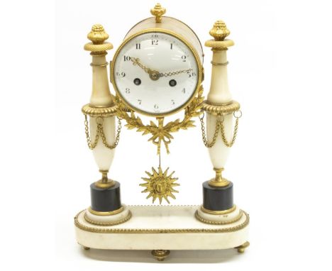 French Empire white marble and gilt metal mounted drum head portico clock, white enamel Arabic dial with outer minute track, 