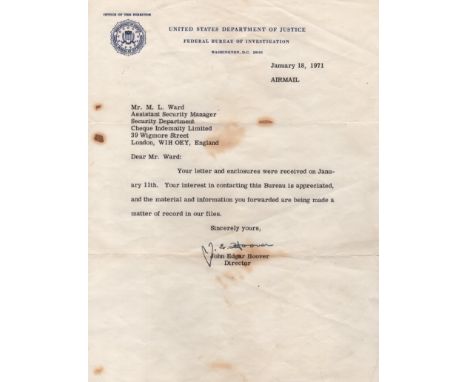 HOOVER J. EDGAR: (1895-1972) First Director of the Federal Bureau of Investigation (FBI). T.L.S., J. E. Hoover, one page, 4to