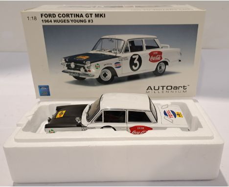 AutoArt Millennium, a boxed 1:18 Scale Ford Cortina GT MKI, 1964 Huges/Young #3 Model Vehicle. Although unchecked for complet