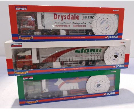 Corgi, a boxed Group 1:50 of Haulers of Renown Series Vehicles. Includes CC13606 DAF CF Fridge Trailer Drysdale Freight Cockb