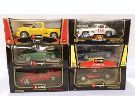 Bburago, a Boxed Group of 1:18 Scale Commercial Vehicles. Includes Mercedes 300 SL Mille Migla (1955), Jaguar "E" Type Coupe 