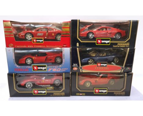 Bburago, a Boxed Group of 1:18 Scale Ferrari Vehicles. Includes Ferrari Testarossa (1984), Ferrari 250 GTO (1962) with others