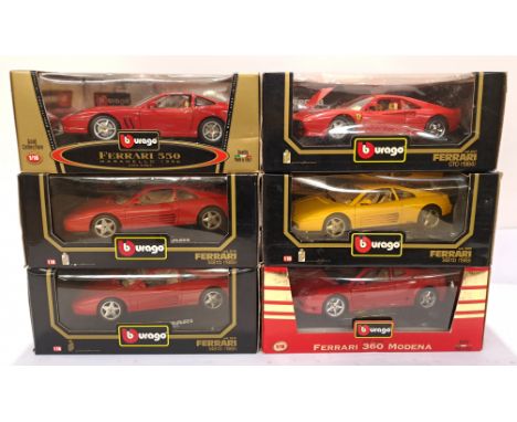 Bburago, a boxed Group of 1:18 Scale Ferrari Vehicles. Includes Ferrari 550 Maranello 1996, Ferrari 348tb (1989) with others.