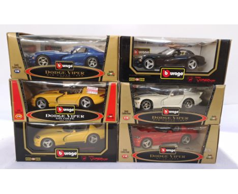 Bburago, a Boxed Group of 1:18 Scale Dodge Viper Models. Includes Dodge Viper GTS Coupe 1997, Dodge Viper RT/10 1992 with oth