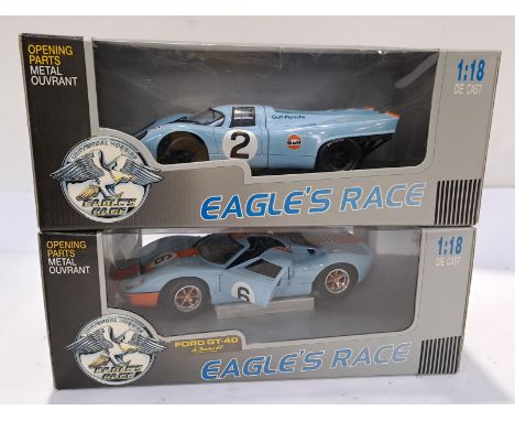 Universal Hobbies, a Boxed Pair of 1:18 Scale Eagle's Race Series Racing Car Models. Includes Porsche 917K N2 "Gulf" Racing T