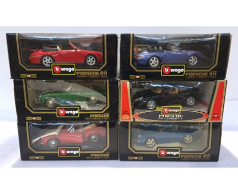 Bburago, a boxed Group of 1:18 Scale Porsche Vehicles. Includes Porsche 911 Carrera Cabriolet (1994), Porsche 911 Carrera 4 w