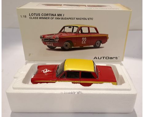 AutoArt, a Boxed 1:18 Scale Lotus Cortina MKI "Class Winner of 1964 Budapest Nagydij Etc" Model Vehicle. Although unchecked f