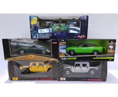 Maisto, a boxed Group of 1:18 Scale Commercial Vehicles. Includes 2003 Hulk Hummer H2 SUV, 1969 Dodge Charger R/T with others