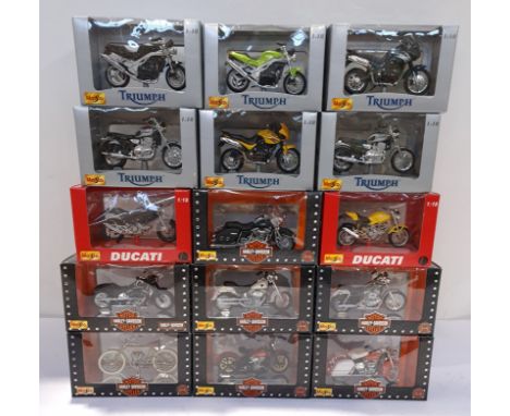 Maisto,&nbsp; a boxed Group of 1:18 Scale Motorbikes. Includes Harley-Davidson, Ducati and Triumph. Although unchecked for co