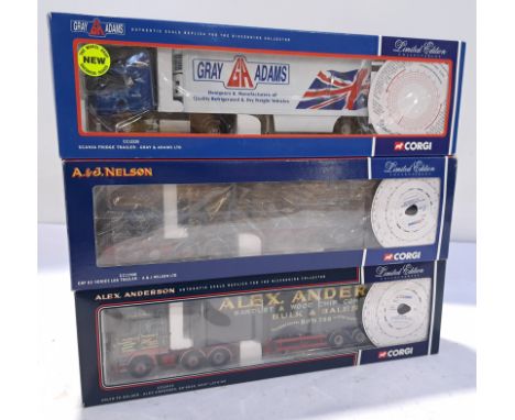 Corgi, a boxed Group of 1:50 Scale Haulage Vehicles. Includes CC12220 Scania Fridge Trailer "Gray &amp; Adams Ltd" with other