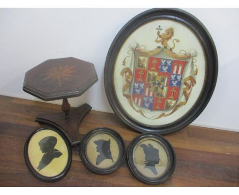 19th century collectables to include three silhouettes, a crest painting watercolour and a mahogany and marquetry candle stan