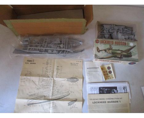 A Frog model of HMS Revenge with instruction leaflet in a cardboard box, and an Airfix model of Lockheed Hudson I 1/72 model 
