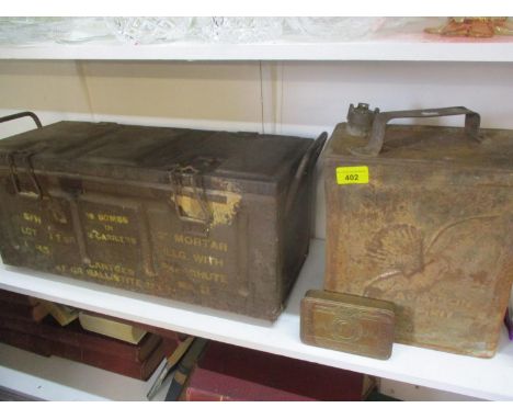 A vintage Shell Aviation Spirit Fuel Can, together with a 1942 tin mortar case, and a 1914 Christmas box Location: 1.4 