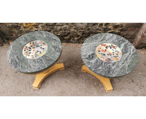 A pair of hardstone, serpentine green marble and wood side tables, with circular marble tops centred with applied floral hard