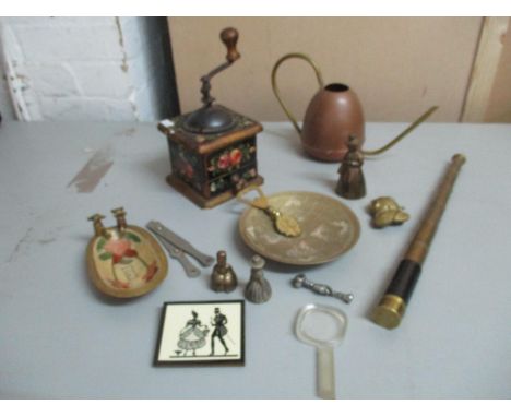 A mixed lot to include an Adie & Son, Edinburgh six drawer gilt brass and leather telescope, a painted gilt gesso wood coffee