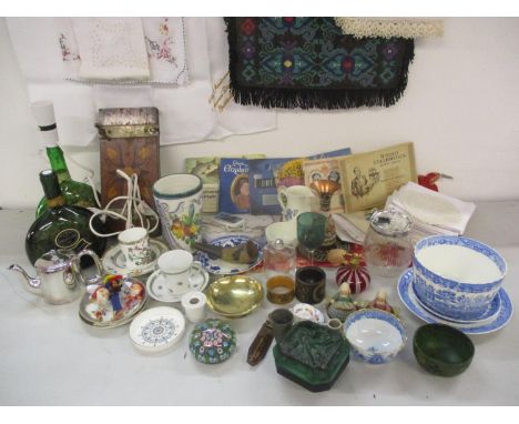 A mixed lot comprising vintage table napkins and placemats, a flower press, a Royal Worcester Blue Sprays sugar bowl and milk