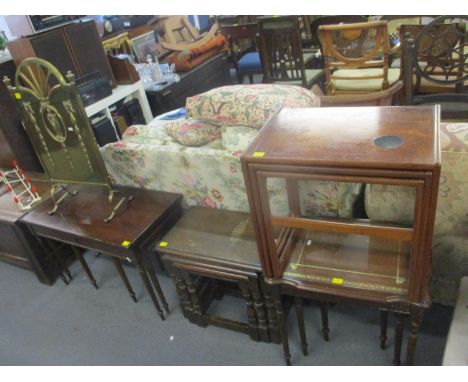 Mixed furniture to include an early 20th century oak display cabinet, brass firescreen, and four sets of nests of tables 