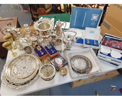 A quantity of silver plate to include a Campana wine cooler and a teapot on stand Location: 10.4 