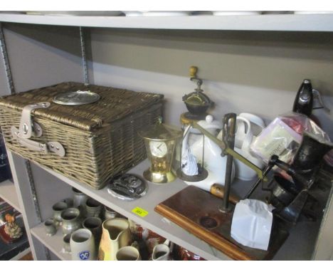 A mixed lot to include kitchenware items, a No.1 Spong Co Ltd coffee grinder, a picnic basket, together with mixed framed pri