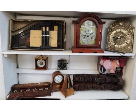 A mixed lot to include a Kodak Kodatoy, Zither, African carving and a collection of clocks to include long case clock dial an