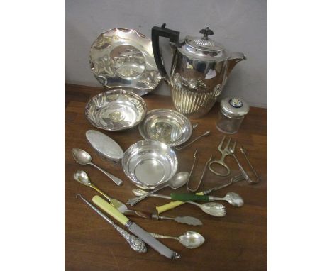 Mixed silver and silver plate to include a button hook, dressing table jars, an American silver candelabra and other items 