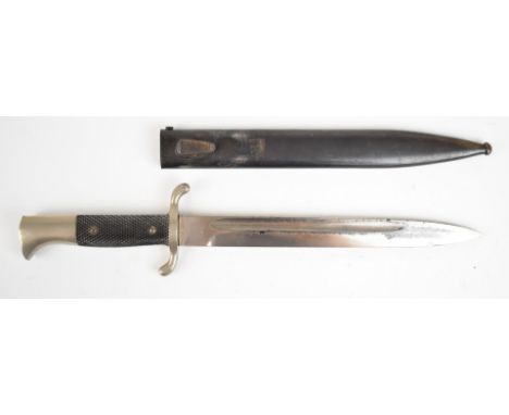 German WW2 fireman's bayonet with S shaped crosspiece, chequered grip, 25cm fullered blade and scabbard marked 5158.&nbsp;PLE