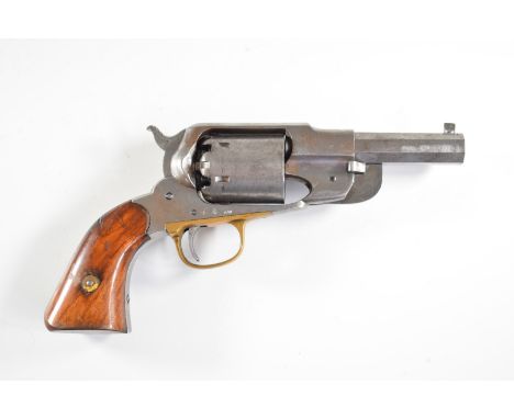 Italian Remington .44 six-shot single action revolver with brass trigger guard, wooden grips and 4 inch octagonal barrel, ove