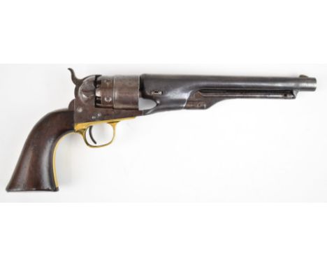 Colt 1860 Army .44 six-shot single action revolver with shaped wooden grips brass trigger guard, frame stamped 'Colts Patent'