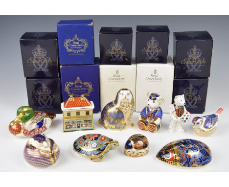 Ten Royal Crown Derby Imari paperweights in boxes, including Bulldog, Teddy Schoolboy, Bakewell Duck and Terrapin