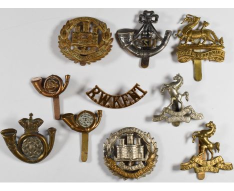 Ten British Army Infantry badges including King's Own Yorkshire Light Infantry, Royal West Kent and Northamptonshire Regiment