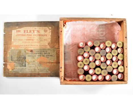 Forty six Eley 10 bore shotgun cartridges, in original wooden packing case marked Cooppal No4 PLEASE NOTE THAT A VALID RELEVA