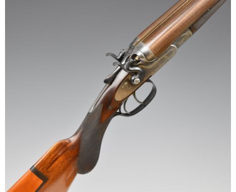 J&W Tolley 12 bore side by side hammer action shotgun with named and border engraved locks, chequered semi-pistol grip and fo