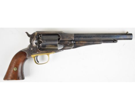 Remington New Model Army .44 six-shot single action revolver with shaped wooden grips, brass trigger guard and 8 inch octagon