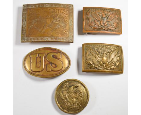 Five various American belt buckles, three with makers comprising Ridabock &amp; Co., NY; Wilkinson Export &amp; Co and Tiff, 