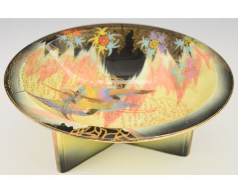 Carltonware Art Deco pedestal dish enamelled decoration of a stork or egret, diameter 25cm x height 10cm