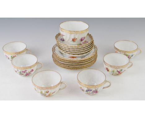 Collection of Dresden wrythen moulded tea ware comprising six trios and a sugar bowl, nineteen pieces