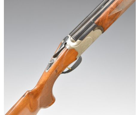 Lanber 12 bore over and under ejector shotgun with engraved lock, trigger guard, thumb lever, top plate and underside, cheque