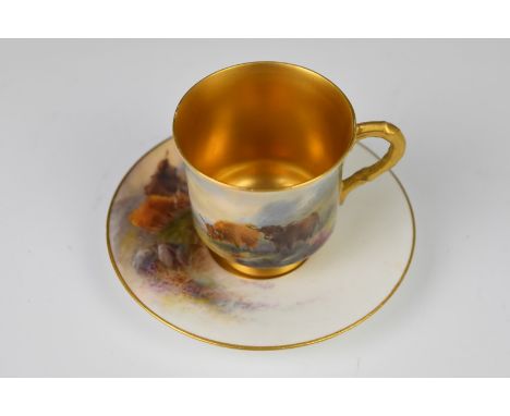 Royal Worcester cup and saucer with Highland cattle decoration, signed Harry Stinton, height 5.5cm