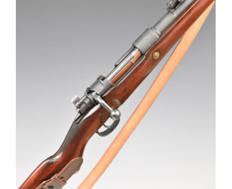 German Mauser K98 7.92 bolt action rifle with receiver stamped 'S/27' and dated 1937 adjustable sights, leather sling, steel 