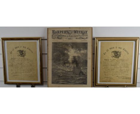 American Civil War interest two Discharge Certificates for Corporal J Holley, Light Battery Connecticut Volunteers and Privat