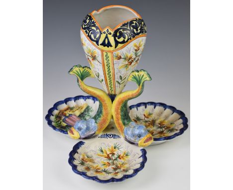 Quimper faience figural fish trefoil centrepiece, height 35cm