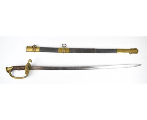 American Civil War Naval sword with leather and wire grip, brass guard with oak leaf decoration and USN Clauberg Solingen to 