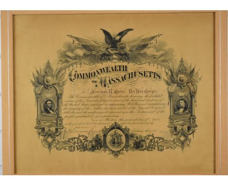 American Civil War Commonwealth of Massachusetts Certificate of Recognition to Freeman R Cove, Veteran Reserve Corps dated 19