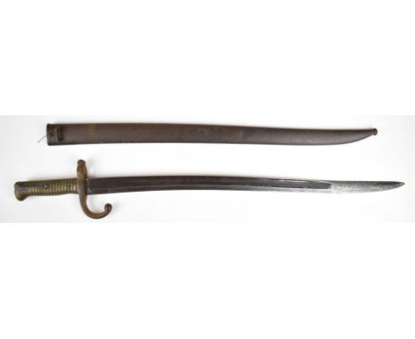 French 1866 pattern chassepot bayonet, brass grip and downswept quillon, 57cm fullered yataghan blade and scabbard.&nbsp;PLEA